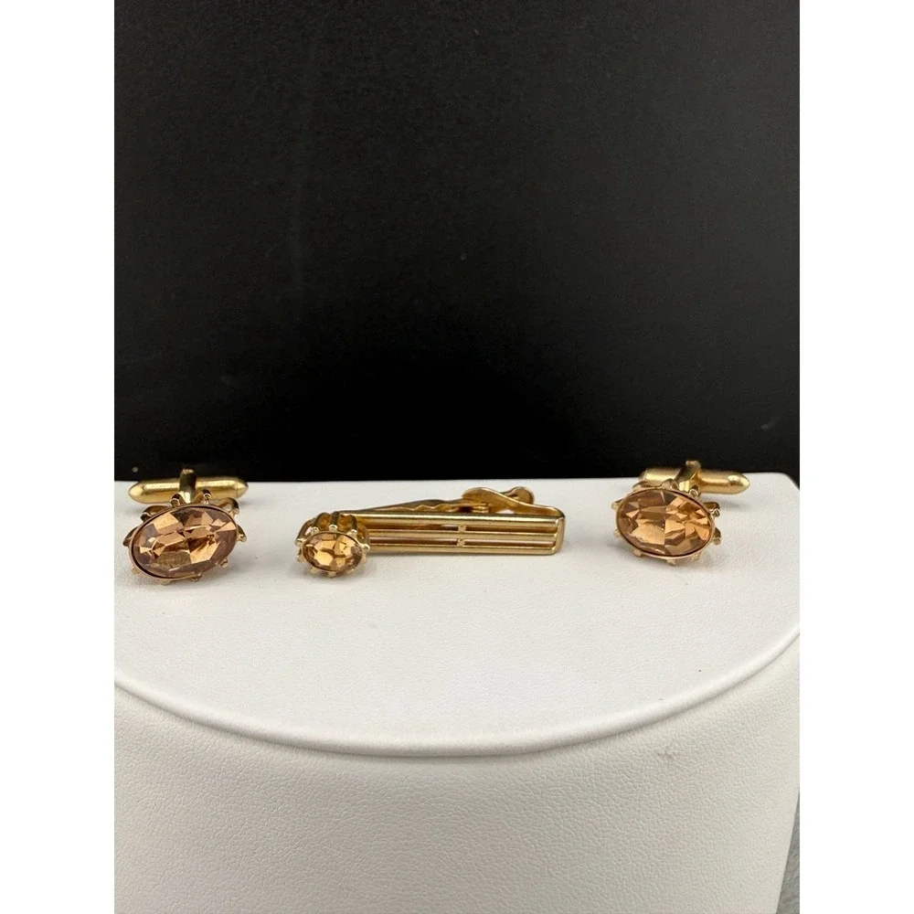 Vintage Swank Cufflink Tiebar‎ Clip Set Gold Tone Rhinestone Sign